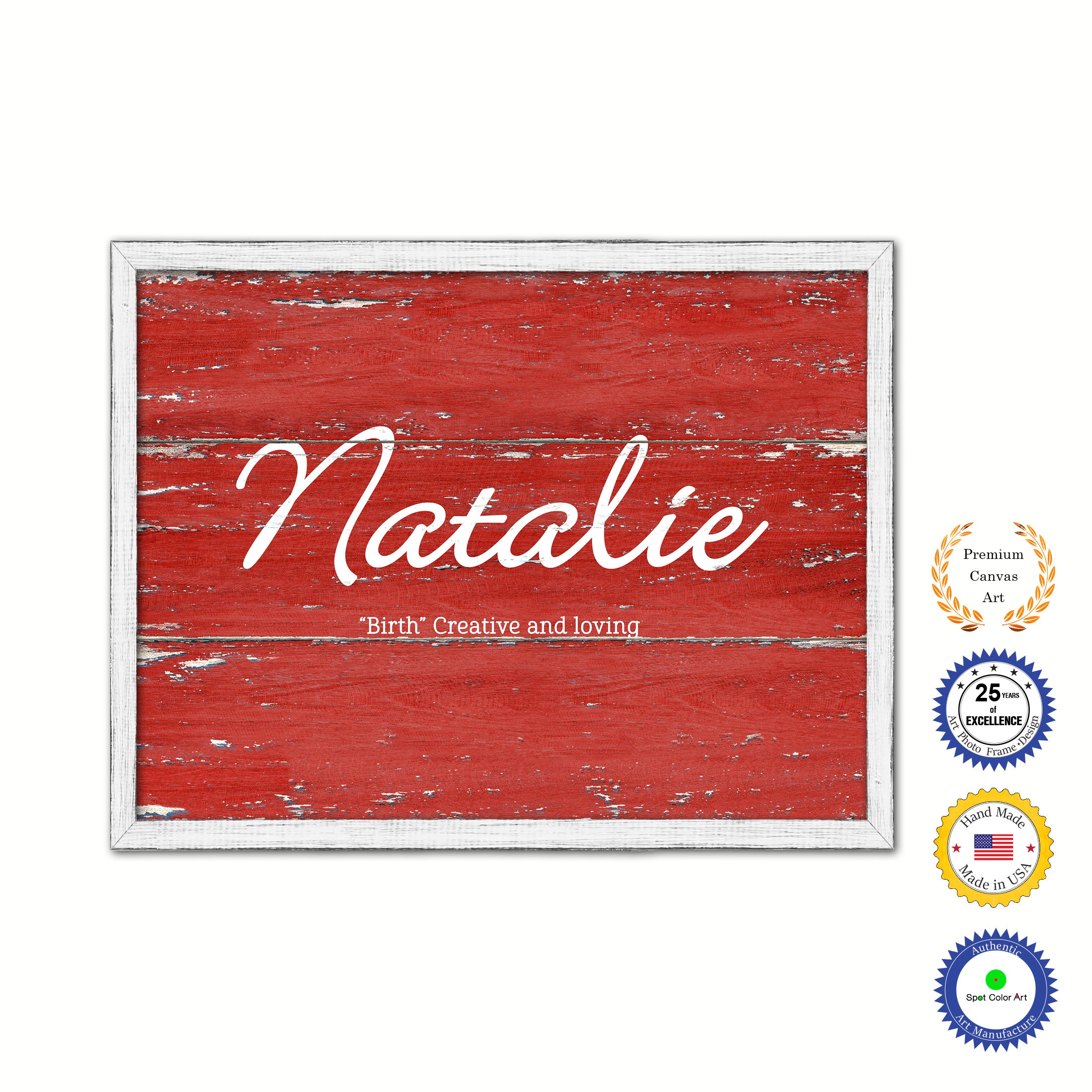 Natalie Name Plate White Wash Wood Frame Canvas Print Boutique Cottage Decor Shabby Chic