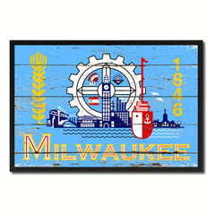 Milwaukee City Wisconsin State Flag Vintage Canvas Print with Black Picture Frame Home Decor Wall Art Collectible Decoration Artwork Gifts