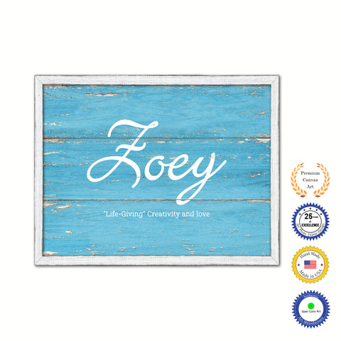 Zoey Name Plate White Wash Wood Frame Canvas Print Boutique Cottage Decor Shabby Chic