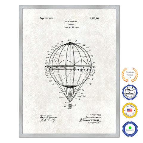 1925 Hot Air Balloon Antique Patent Artwork Silver Framed Canvas Print Home Office Decor Great Gift for Hot Air Balloon Lover