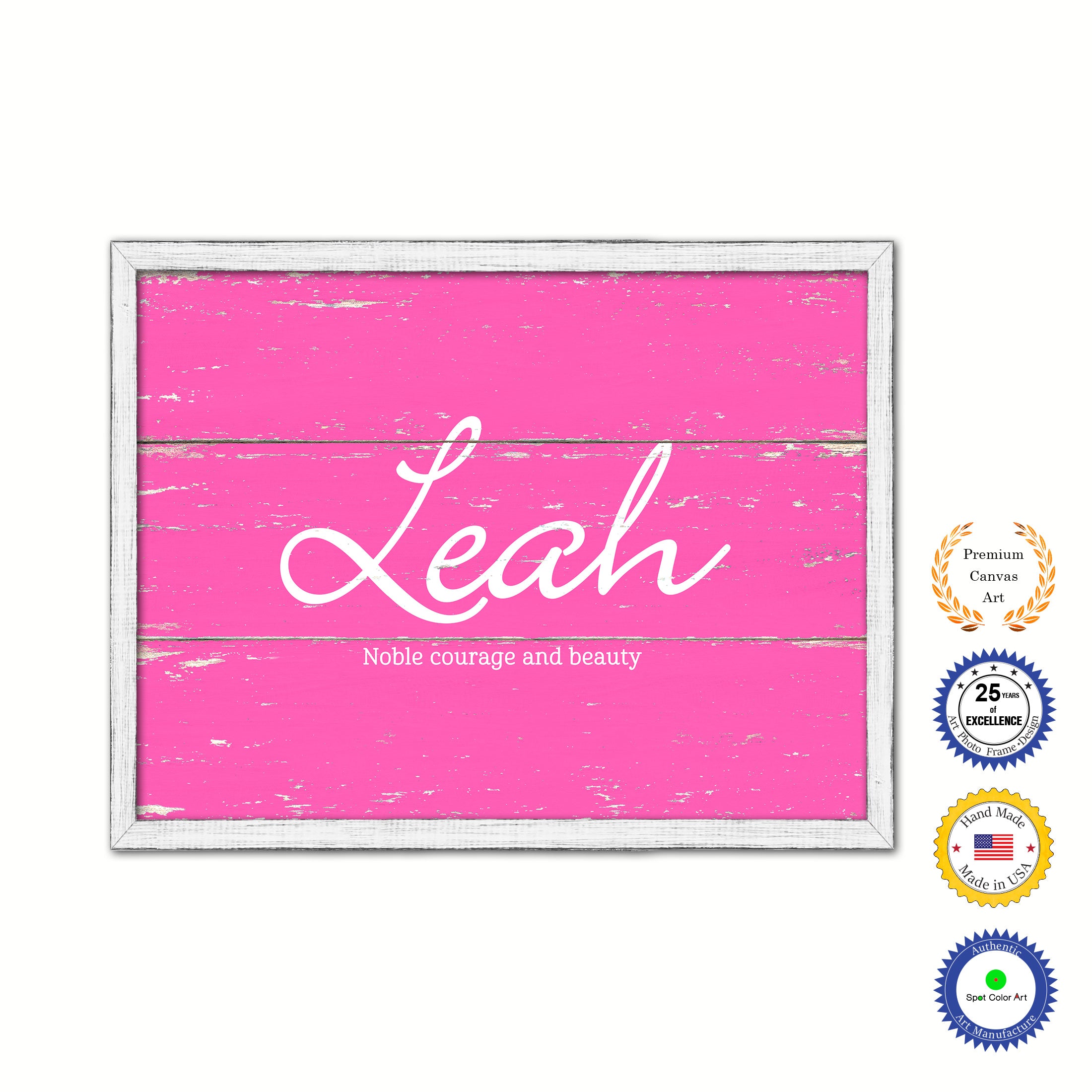 Leah Name Plate White Wash Wood Frame Canvas Print Boutique Cottage Decor Shabby Chic
