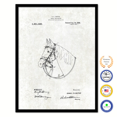 1920 Cowboy Horse Bridle and Halter Vintage Patent Artwork Black Framed Canvas Print Home Office Decor Great for Cowboy Cowgirl Horseback Rider