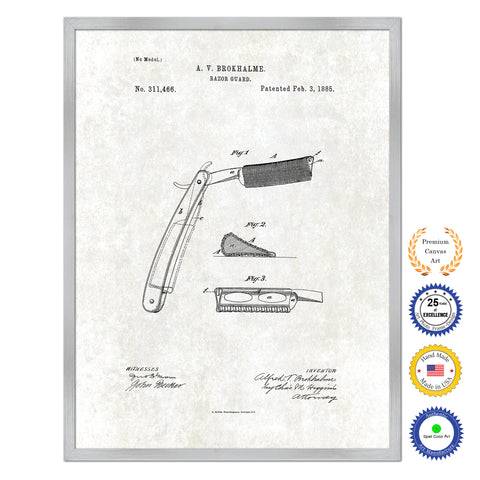 1885 Barber Razor Guard Antique Patent Artwork Silver Framed Canvas Print Home Office Decor Great for Barber Salon