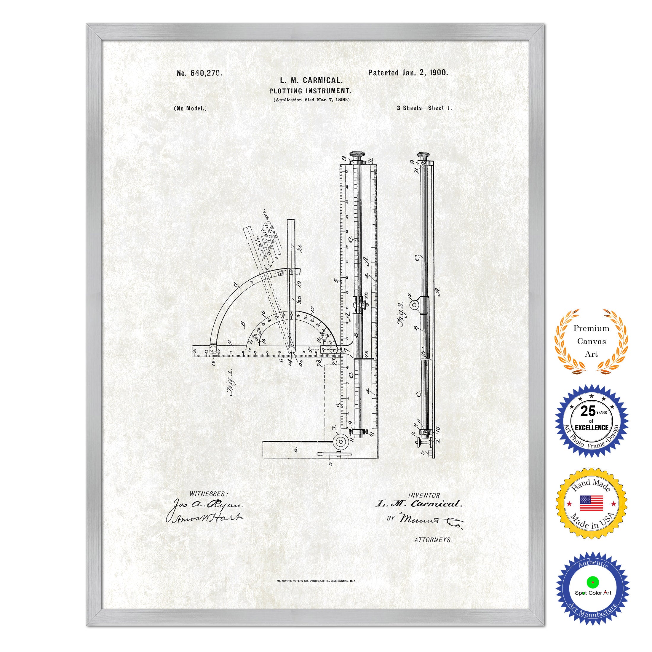 1900 Plotting Instrument Old Patent Art Print on Canvas Custom Framed Vintage Home Decor Wall Decoration Great for Gifts