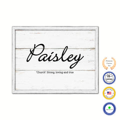 Paisley Name Plate White Wash Wood Frame Canvas Print Boutique Cottage Decor Shabby Chic
