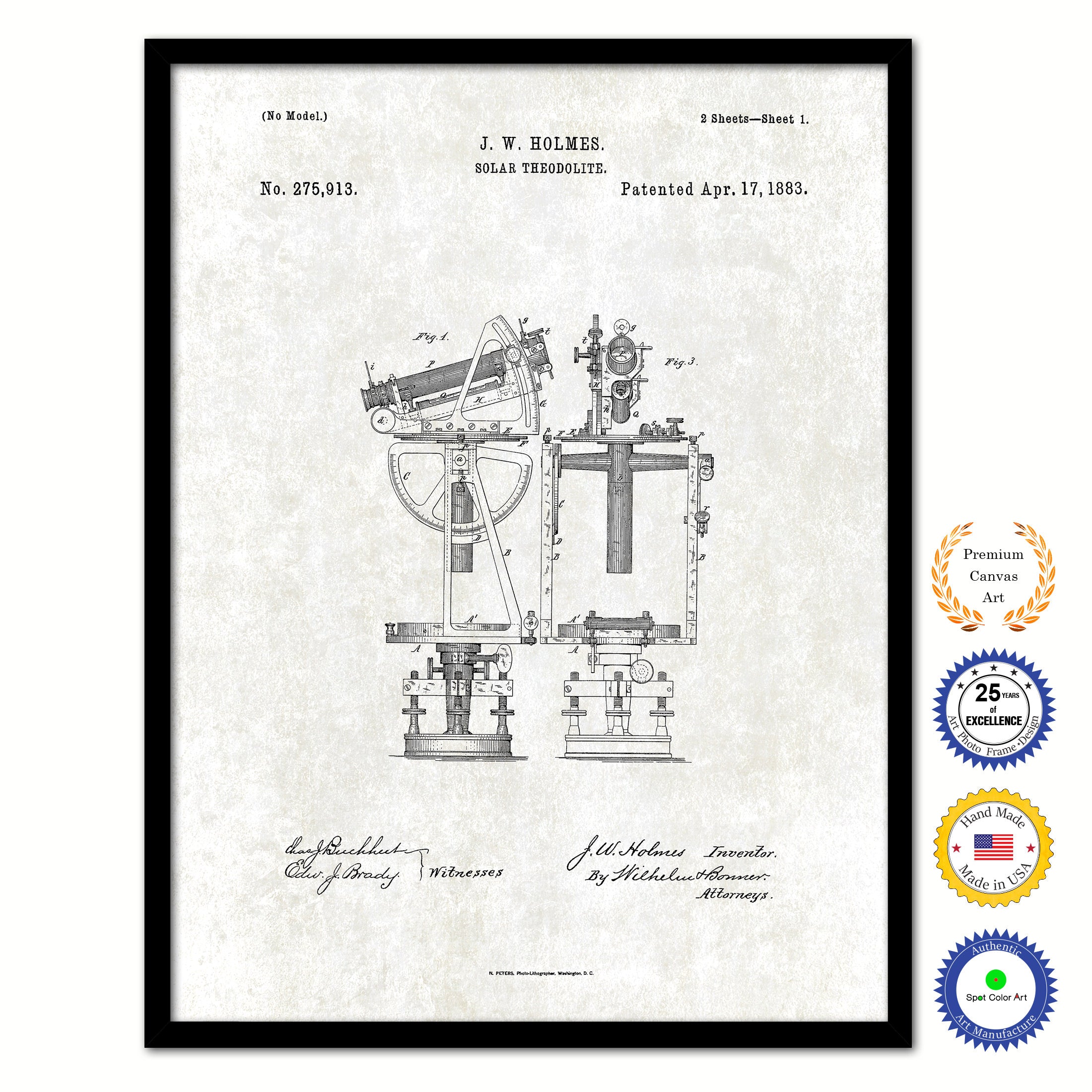 1883 Solar Theodolite Old Patent Art Print on Canvas Custom Framed Vintage Home Decor Wall Decoration Great for Gifts