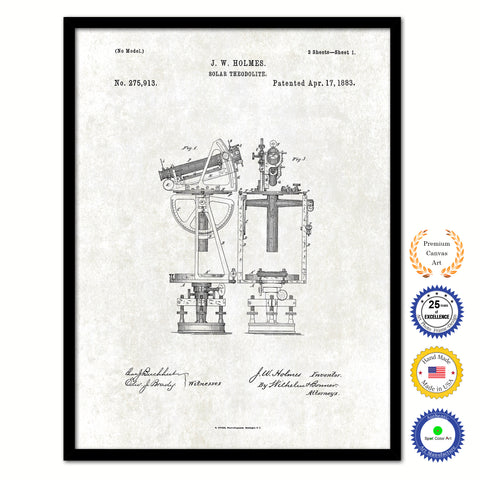 1883 Solar Theodolite Old Patent Art Print on Canvas Custom Framed Vintage Home Decor Wall Decoration Great for Gifts