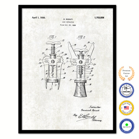 1930 Wine Cork Extractor Old Patent Art Print on Canvas Custom Framed Vintage Home Decor Wall Decoration Great for Gifts