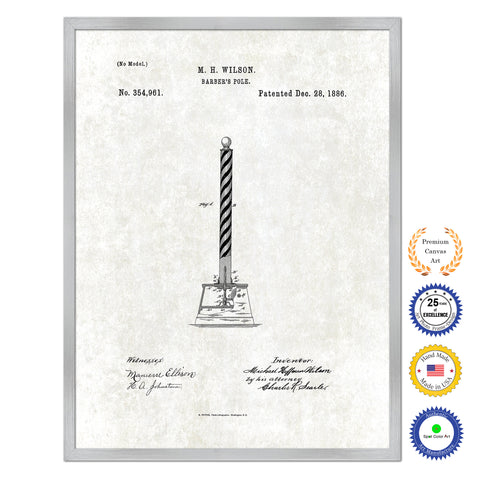 1886 Barber's Pole Antique Patent Artwork Silver Framed Canvas Print Home Office Decor Great Gift for Barber Salon Hair Stylist