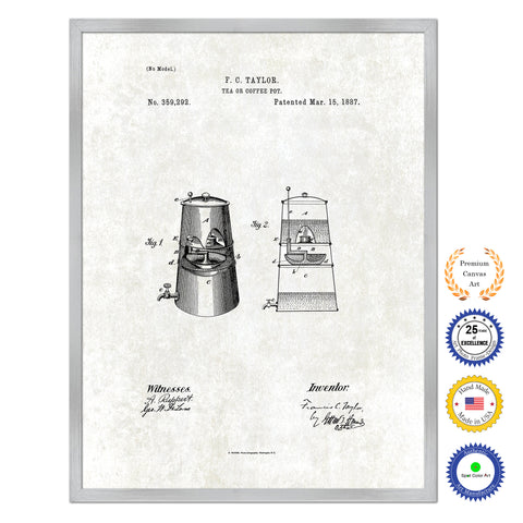 1887 Tea or Coffee Pot Antique Patent Artwork Silver Framed Canvas Print Home Office Decor Great for Coffee Lover Cafe Tea Shop
