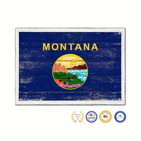 Montana State Flag Shabby Chic Gifts Home Decor Wall Art Canvas Print, White Wash Wood Frame