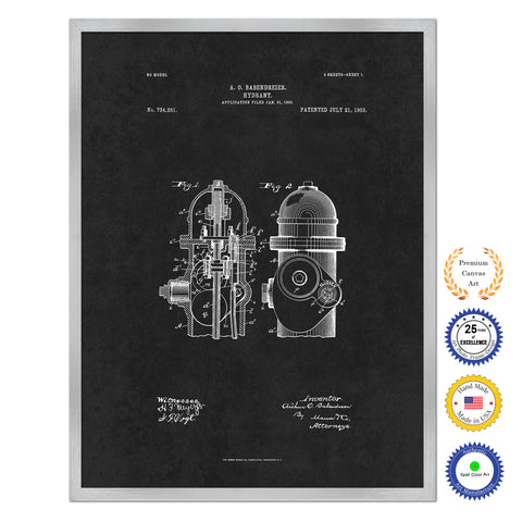 1903 Firefighter Hydrant Antique Patent Artwork Silver Framed Canvas Home Office Decor Great for Firefighter Fireman Firewoman