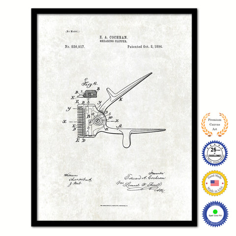 1894 Barber Shearing Clipper Vintage Patent Artwork Black Framed Canvas Print Home Office Decor Great Gift for Barber Salon Hair Stylist