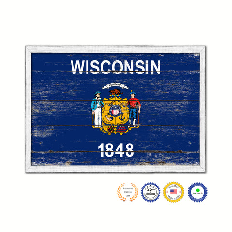 Wisconsin State Vintage Flag Canvas Print with Brown Picture Frame Home Decor Man Cave Wall Art Collectible Decoration Artwork Gifts