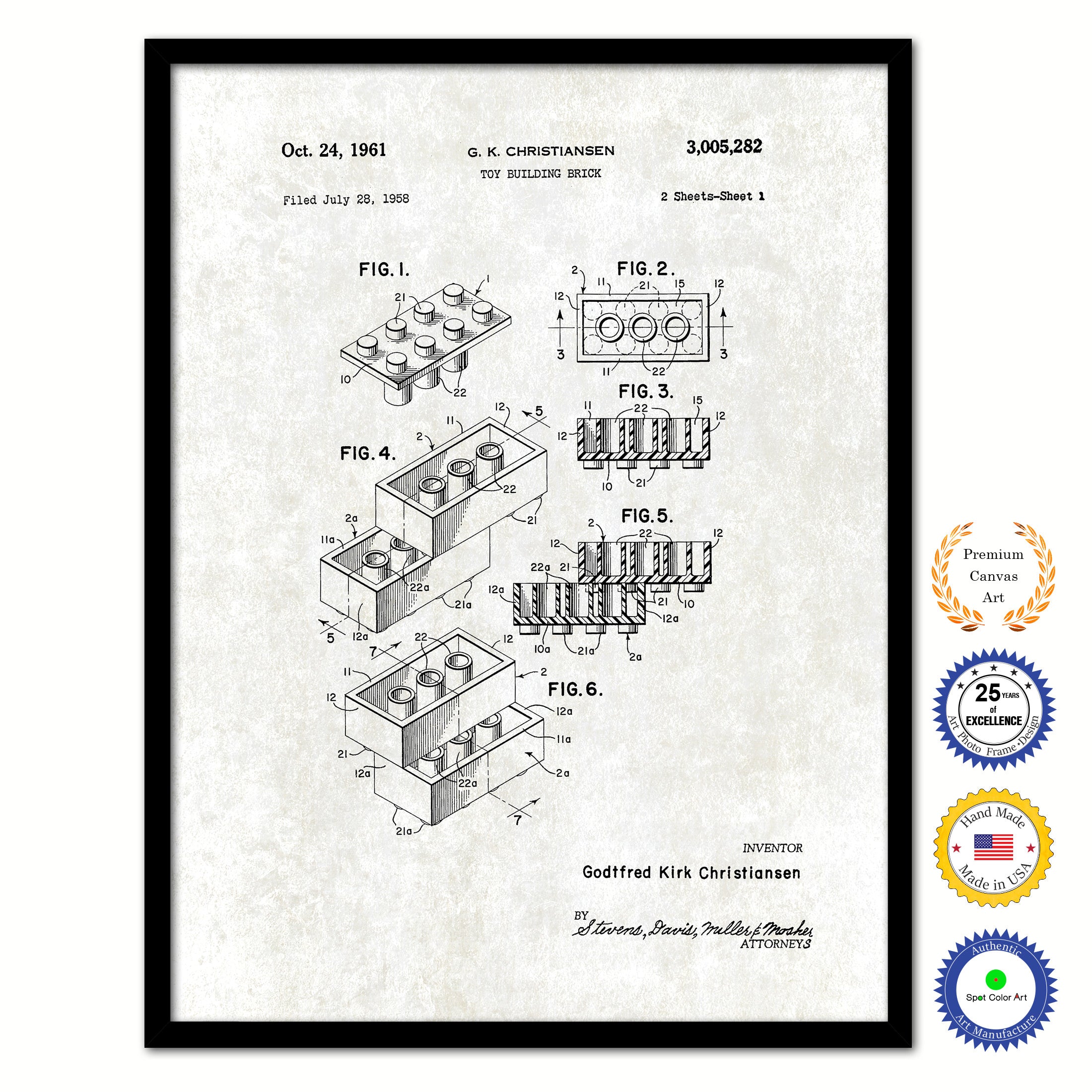 1961 Legos Building Block Old Patent Art Print on Canvas Custom Framed Vintage Home Decor Wall Decoration Great for Gifts