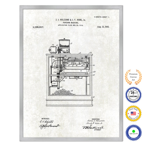 1916 Popcorn Machine Old Patent Art Print on Canvas Custom Framed Vintage Home Decor Wall Decoration Great for Gifts