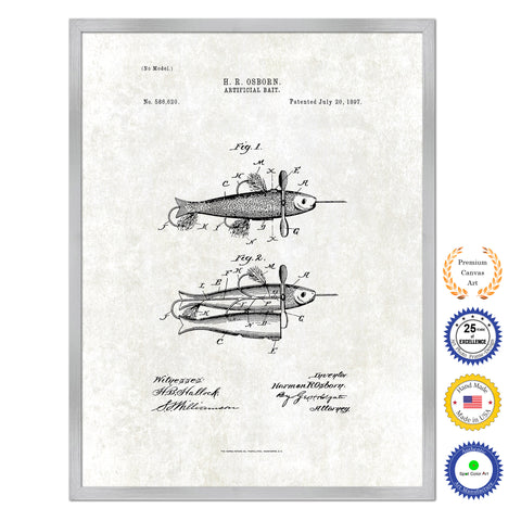 1897 Fishing Artificial Bait Antique Patent Artwork Silver Framed Canvas Print Home Office Decor Great for Fisherman Cabin Lake House
