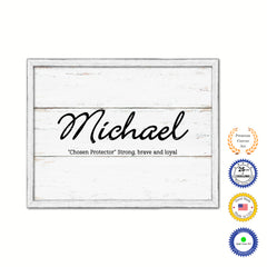 Michael Name Plate White Wash Wood Frame Canvas Print Boutique Cottage Decor Shabby Chic