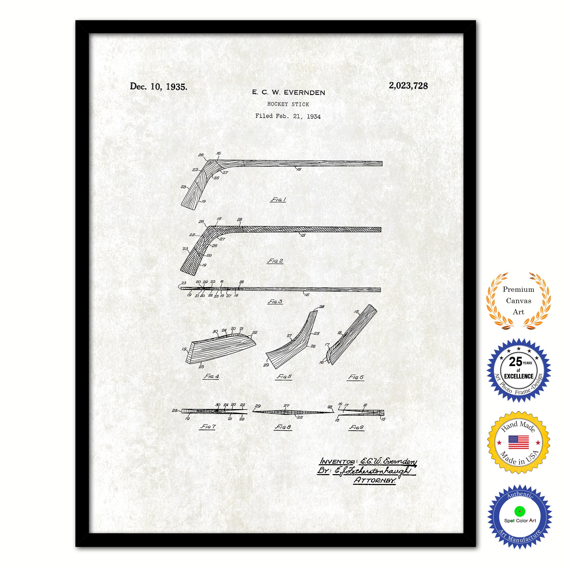 1935 Hockey Stick Old Patent Art Print on Canvas Custom Framed Vintage Home Decor Wall Decoration Great for Gifts