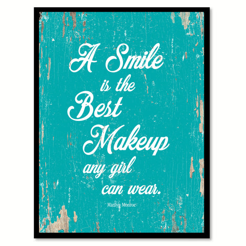 A smile is the best makeup any girl can wear - Marilyn Monroe  Inspirational Quote Saying Canvas Print with Picture Frame Home Decor Wall Art, Aqua