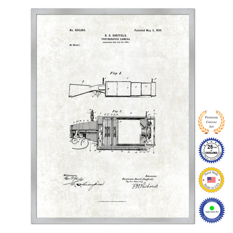 1899 Photographic Camera Antique Patent Artwork Silver Framed Canvas Print Home Office Decor Great Gift for Photographer