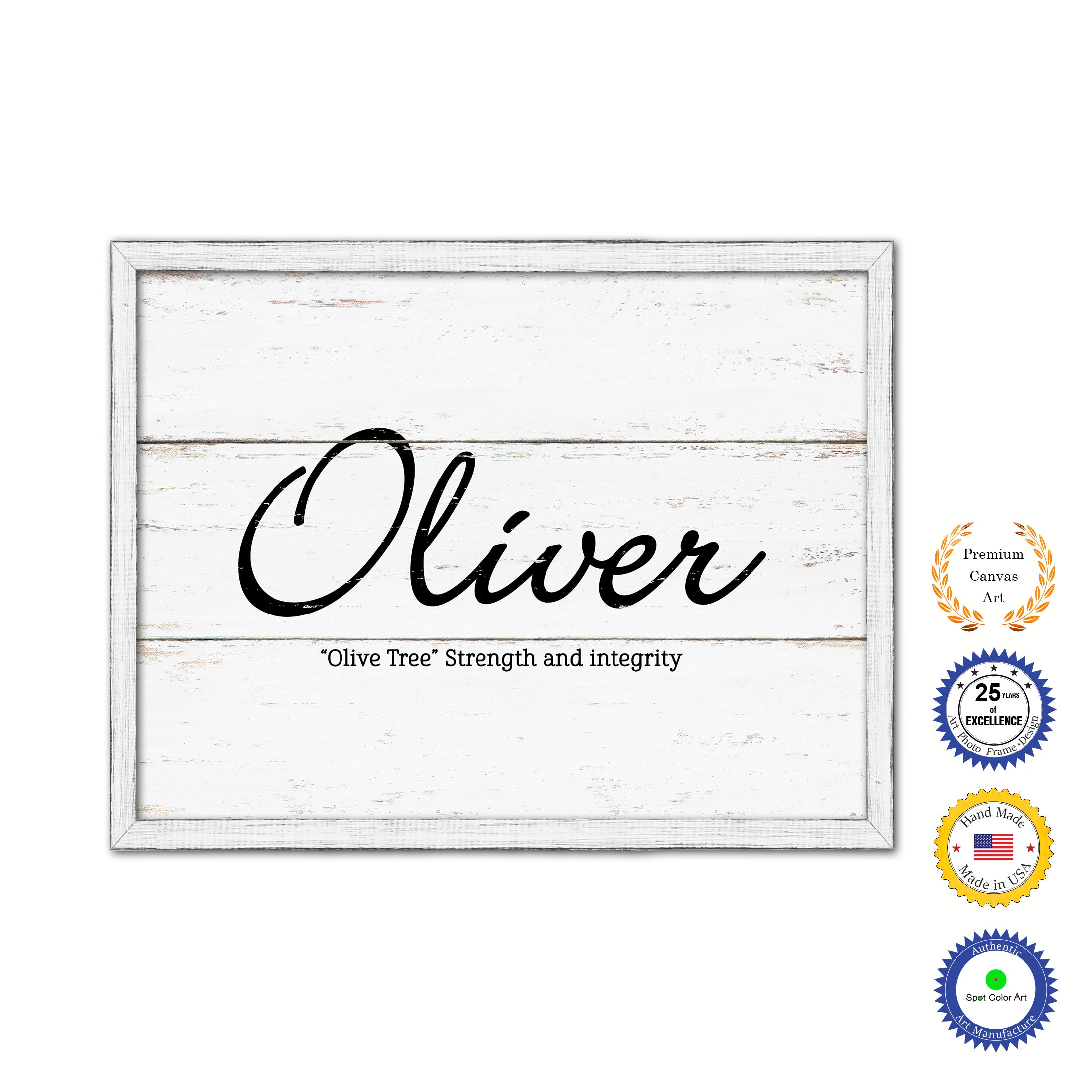 Oliver Name Plate White Wash Wood Frame Canvas Print Boutique Cottage Decor Shabby Chic