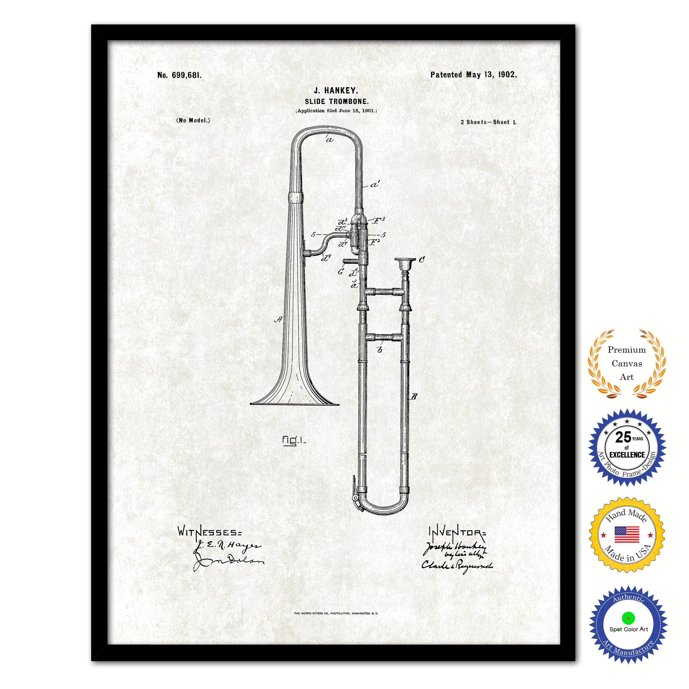 1902 Slide Trombone Old Patent Art Print on Canvas Custom Framed Vintage Home Decor Wall Decoration Great for Gifts
