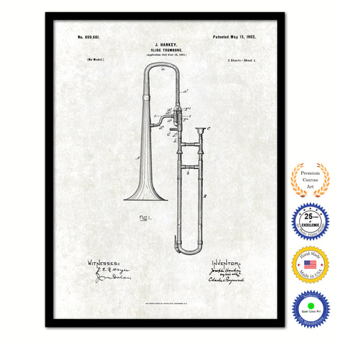 1902 Slide Trombone Old Patent Art Print on Canvas Custom Framed Vintage Home Decor Wall Decoration Great for Gifts