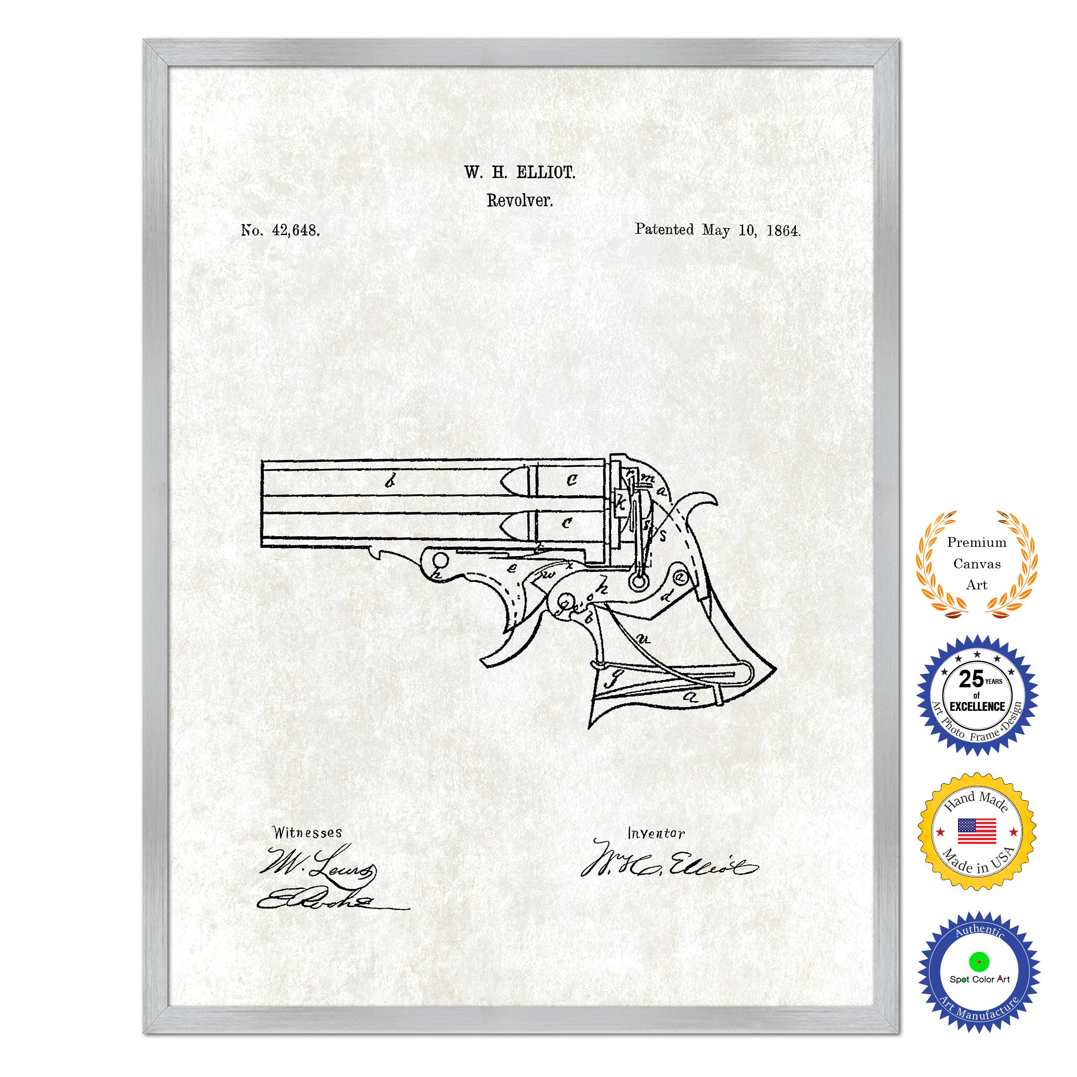 1864 Gun Revolver Old Patent Art Print on Canvas Custom Framed Vintage Home Decor Wall Decoration Great for Gifts