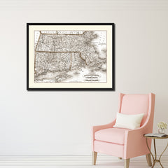 Massachusetts Connecticut Rhode Island Vintage Sepia Map Canvas Print, Picture Frame Gifts Home Decor Wall Art Decoration