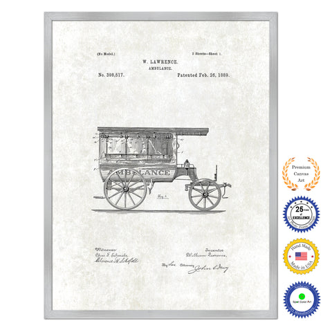 1889 Doctor Ambulance Antique Patent Artwork Silver Framed Canvas Print Home Office Decor Great for Doctor Paramedic Surgeon Hospital Medical Student