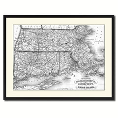 Massachusetts Connecticut Rhode Island Vintage B&W Map Canvas Print, Picture Frame Home Decor Wall Art Gift Ideas