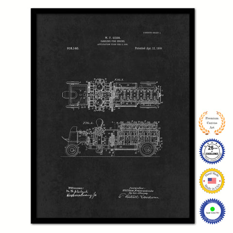 1909 Firefighter Gasoline Fire Engine Vintage Patent Artwork Black Framed Canvas Home Office Decor Great for Firefighter Fireman Firewoman