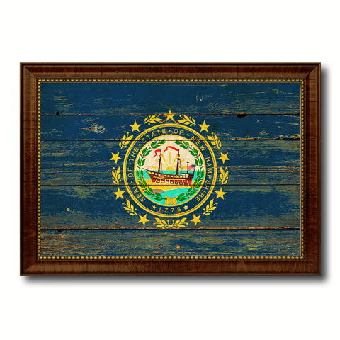 New Hampshire State Vintage Flag Canvas Print with Brown Picture Frame Home Decor Man Cave Wall Art Collectible Decoration Artwork Gifts