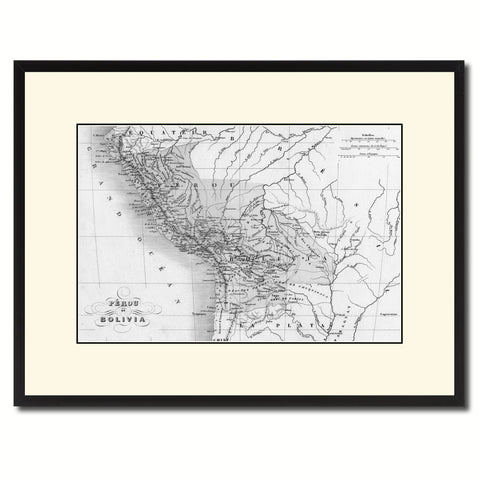 Peru Bolivia Vintage B&W Map Canvas Print, Picture Frame Home Decor Wall Art Gift Ideas