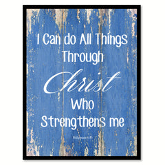 I can do all things through Christ - Philippians 4:14 Bible Verse Gift Ideas Home Decor Wall Art Framed Canvas Print, Blue
