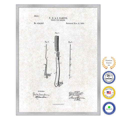 1889 Barber Brace for Razors Antique Patent Artwork Silver Framed Canvas Print Home Office Decor Great for Barber Salon