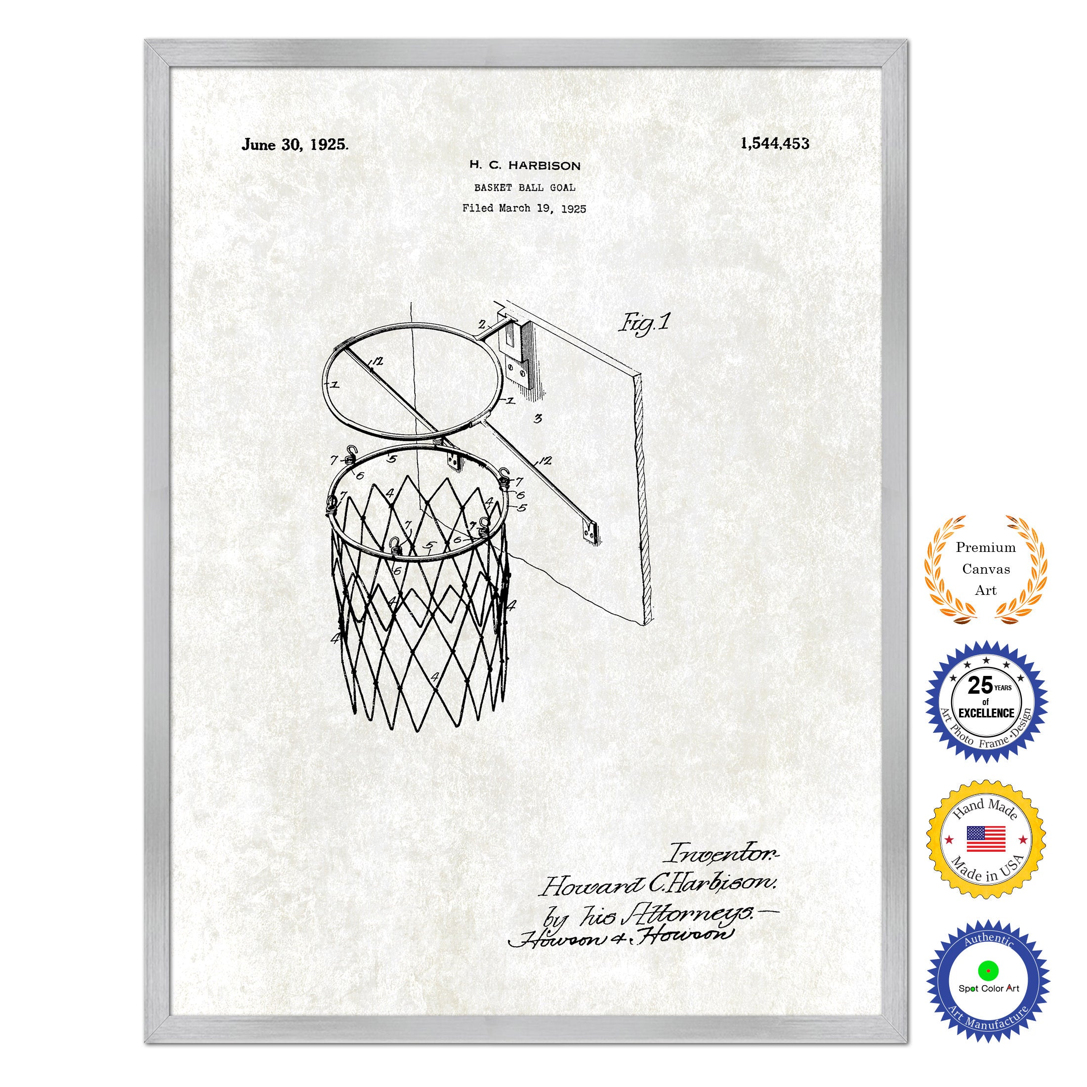 1925 Basketball Goal Old Patent Art Print on Canvas Custom Framed Vintage Home Decor Wall Decoration Great for Gifts