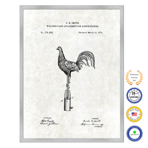 1876 Farming Weather Vane Attachment for Lightning Rods Antique Patent Artwork Silver Framed Canvas Print Home Office Decor Great for Farmer Milk Lover Cattle Rancher