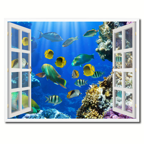 Tropical Island Fish Picture French Window Framed Canvas Print Home Decor Wall Art Collection