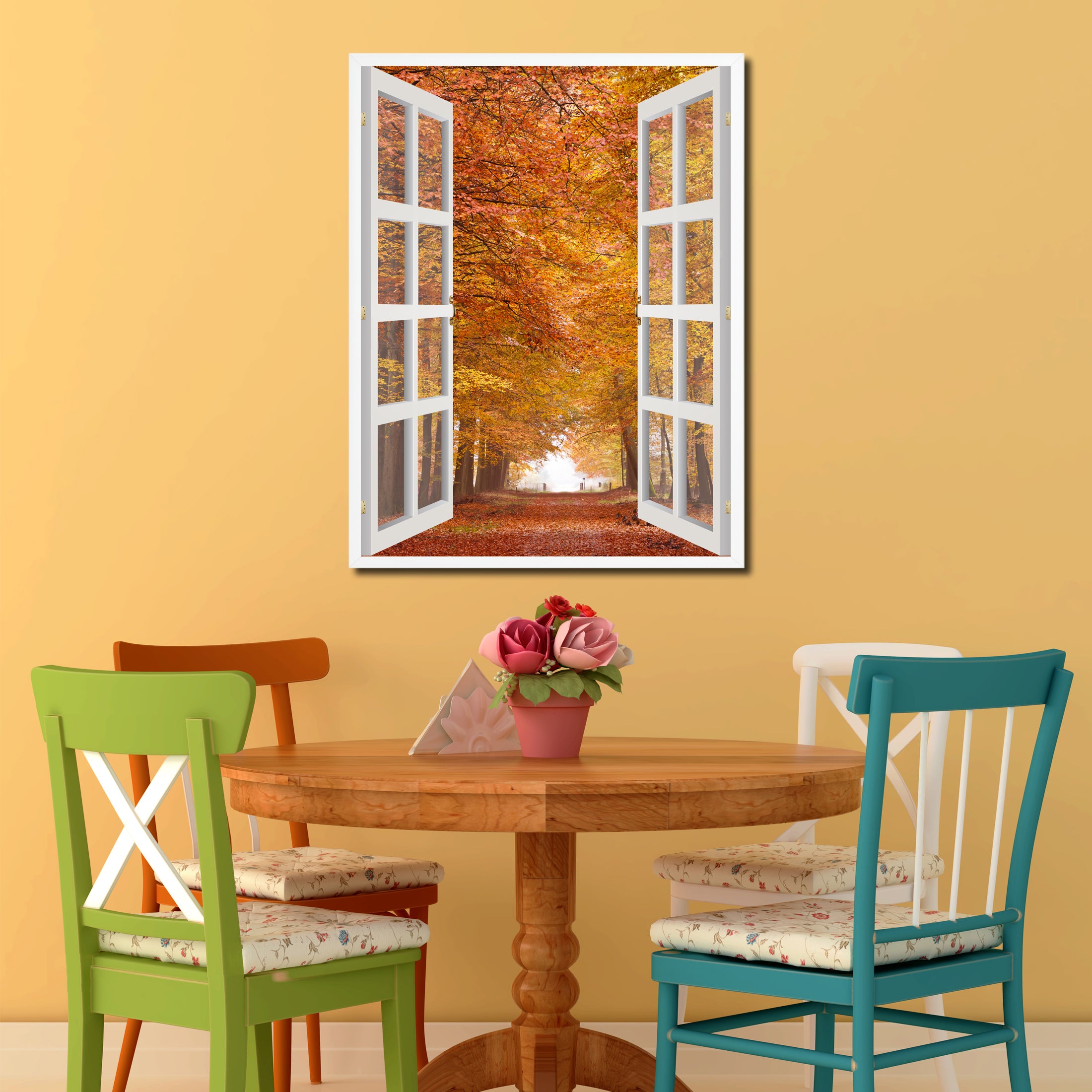 Autumn Trees Red Leaves Picture French Window Canvas Print with Frame Gifts Home Decor Wall Art Collection