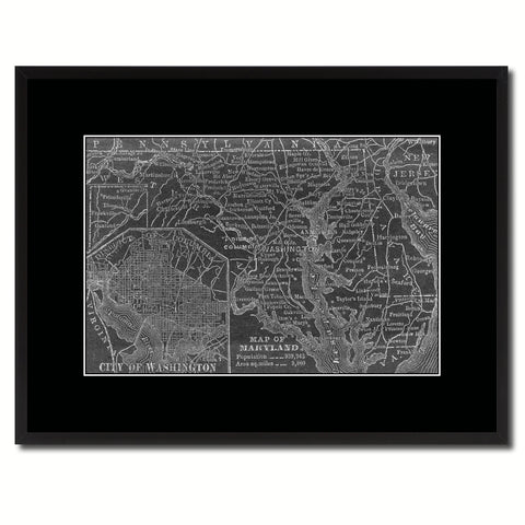 Maryland Vintage Monochrome Map Canvas Print, Gifts Picture Frames Home Decor Wall Art