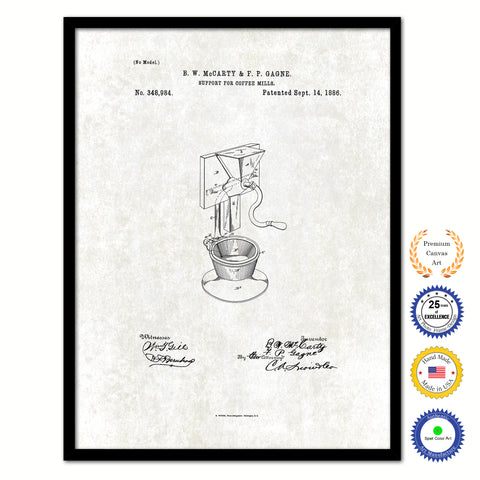 1886 Support for Coffee Mill Grinder Vintage Patent Artwork Black Framed Canvas Print Home Office Decor Great for Coffee Spice Lover Cafe Shop