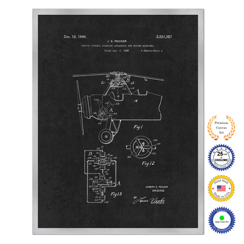 1940 Remote Control Steering Apparatus for Flying Machine Airplane Antique Patent Artwork Silver Framed Canvas Home Office Decor Great for Pilot Gift