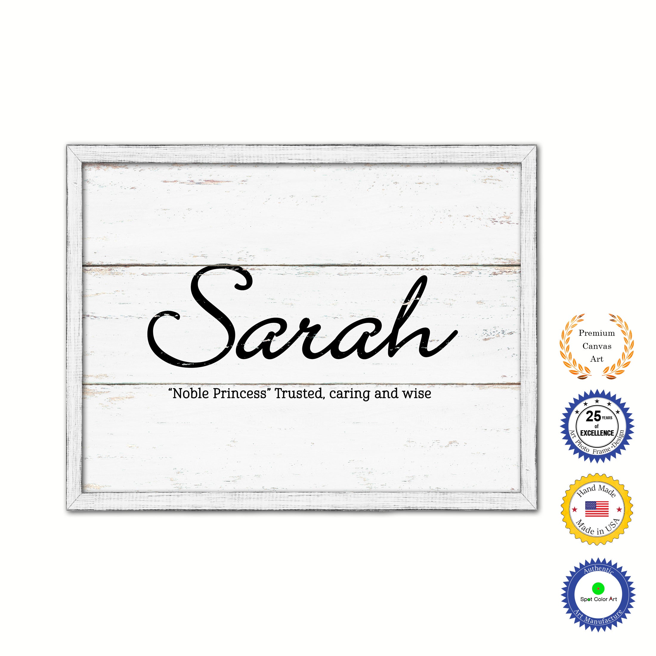Sarah Name Plate White Wash Wood Frame Canvas Print Boutique Cottage Decor Shabby Chic
