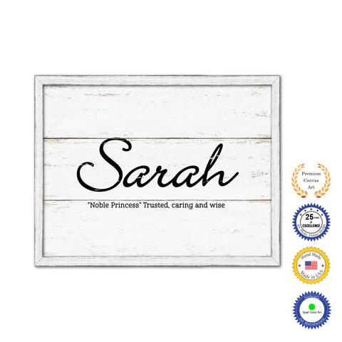 Sarah Name Plate White Wash Wood Frame Canvas Print Boutique Cottage Decor Shabby Chic