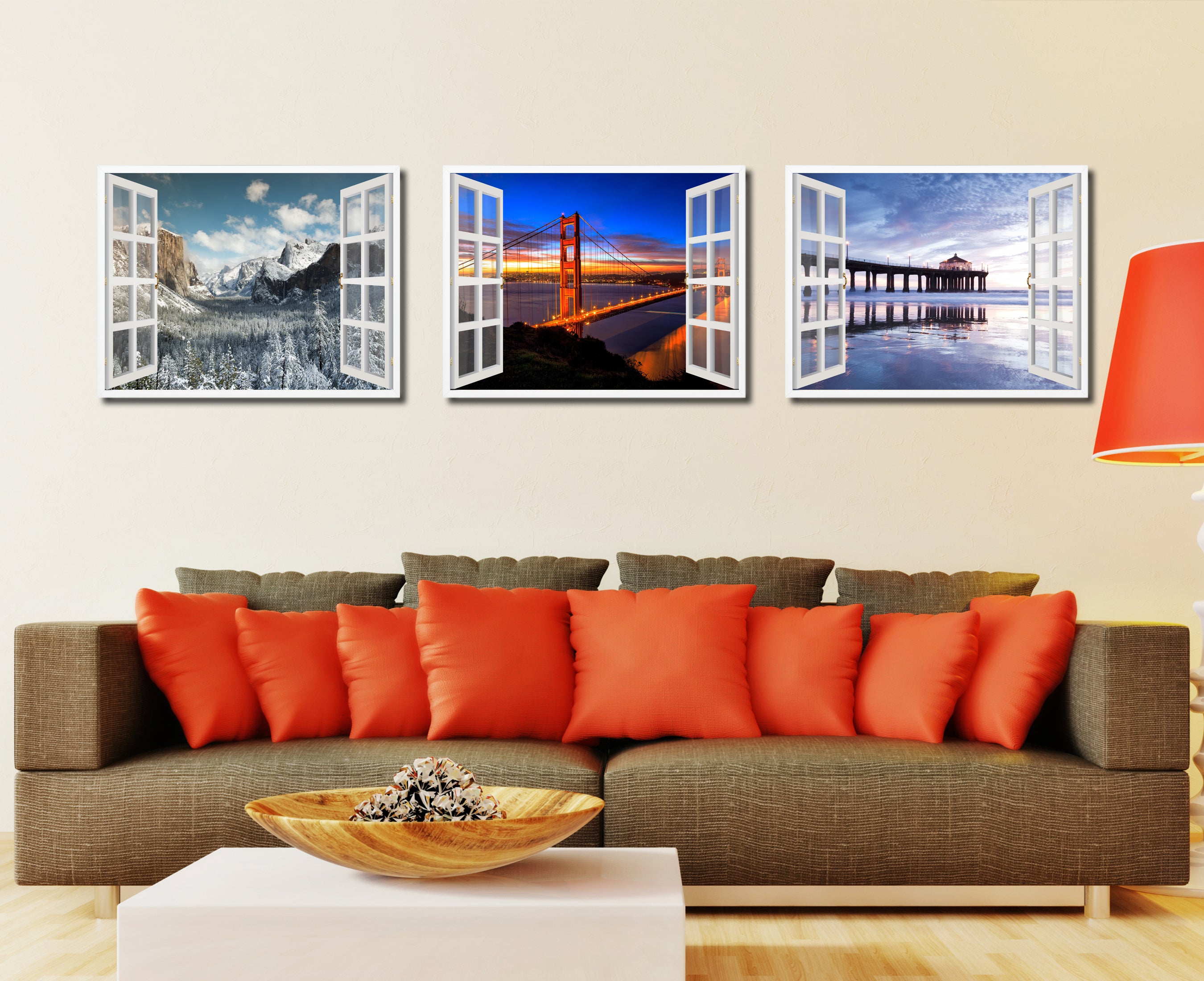 Golden Gate Bridge San Francisco California Sunset Picture French Window Framed Canvas Print Home Decor Wall Art Collection