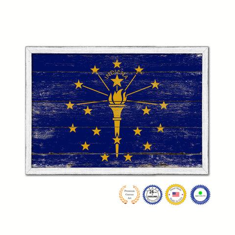 Indiana State Flag Shabby Chic Gifts Home Decor Wall Art Canvas Print, White Wash Wood Frame