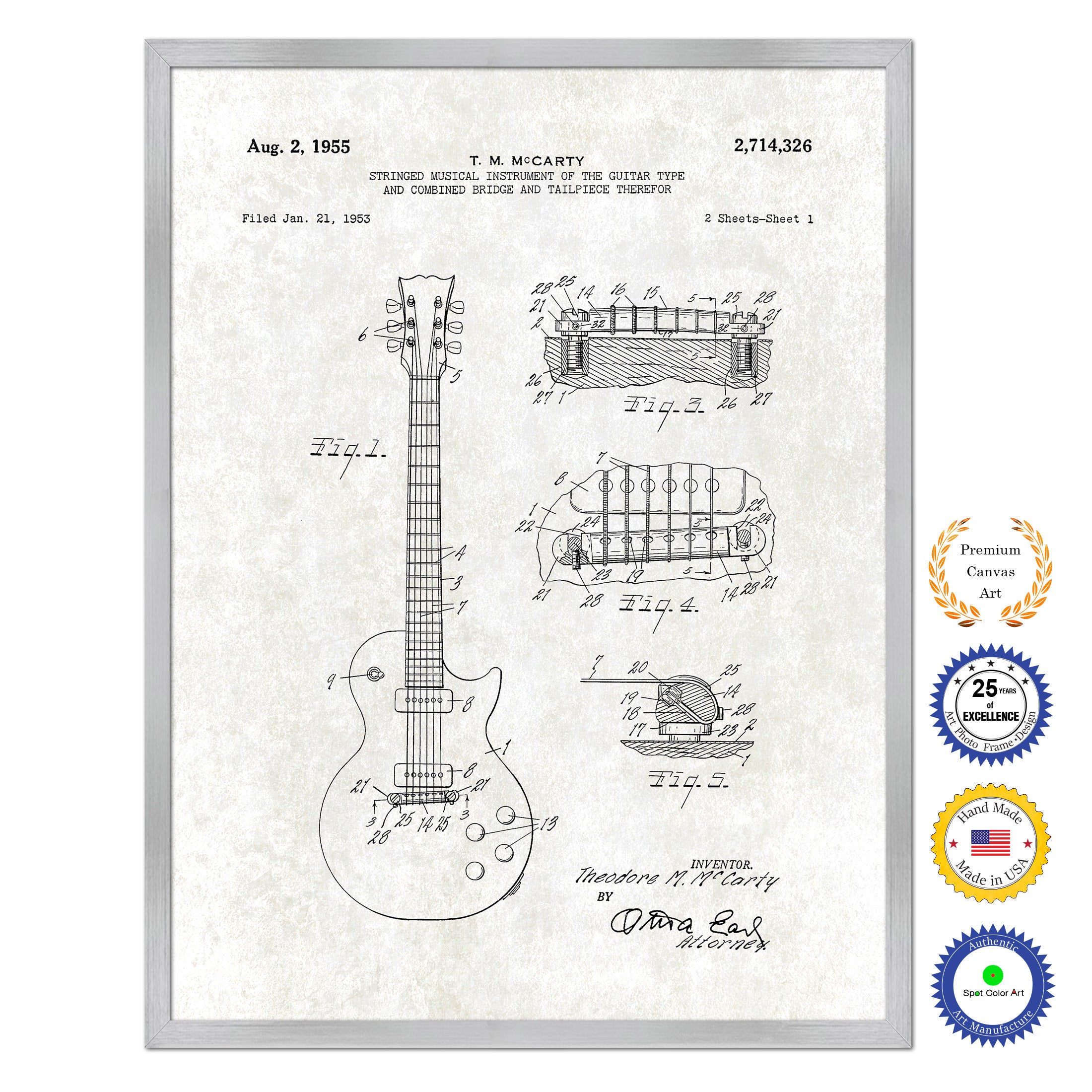 1955 Guitar Old Patent Art Print on Canvas Custom Framed Vintage Home Decor Wall Decoration Great for Gifts