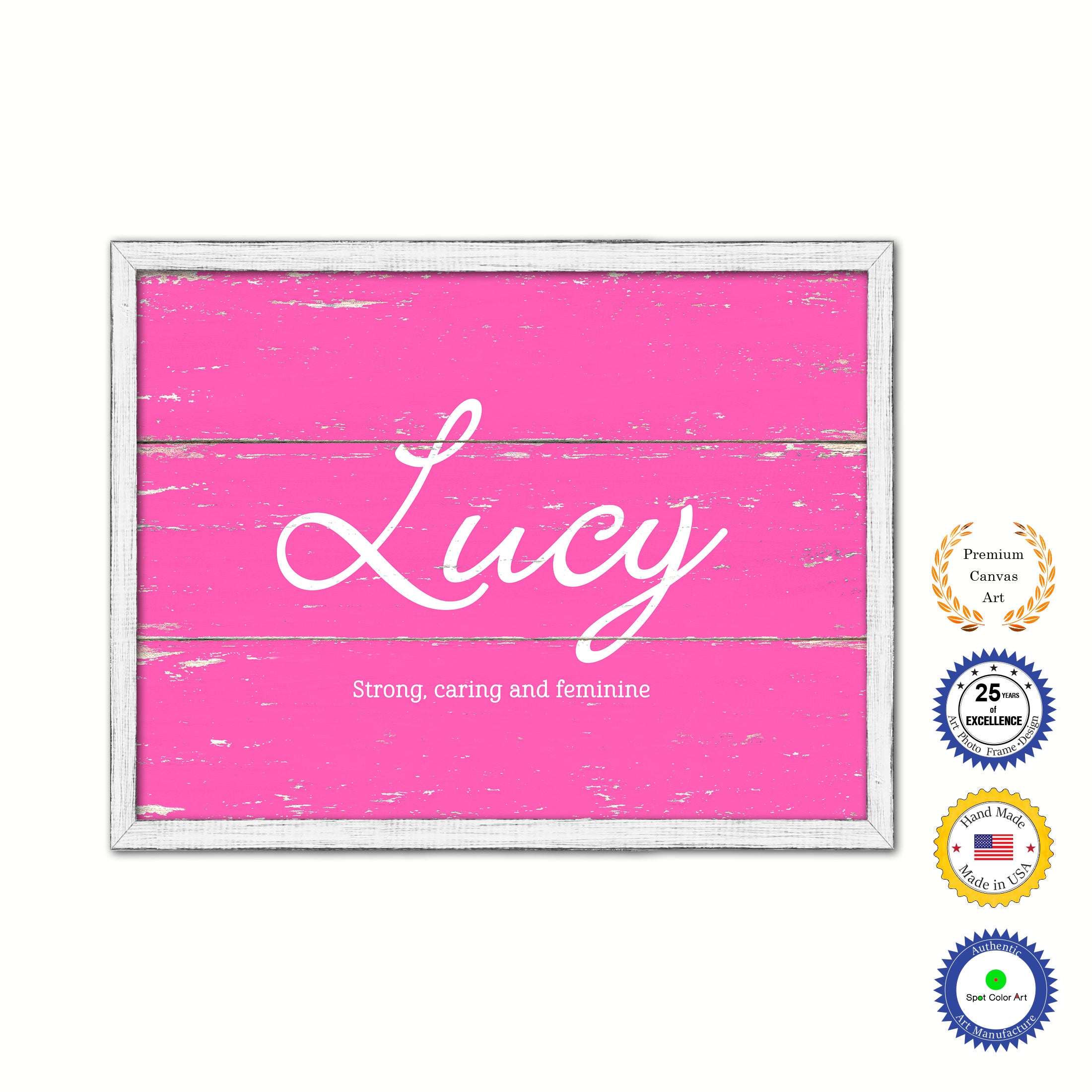 Lucy Name Plate White Wash Wood Frame Canvas Print Boutique Cottage Decor Shabby Chic